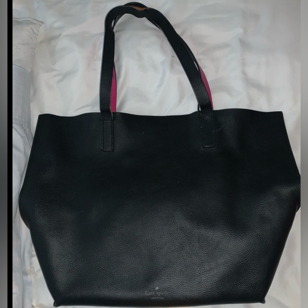Kate Spade large tote, black leather with bright pink interior.
